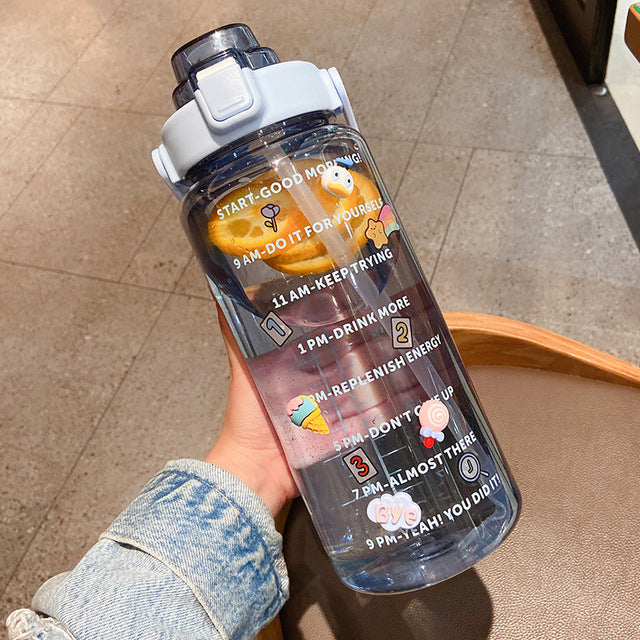 Portable Large Capacity 2L Sports Straw Water Bottle With Stickers